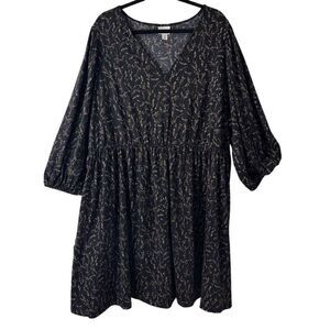 Ava & Viv 3X V-neck black & floral print lantern sleeve pockets